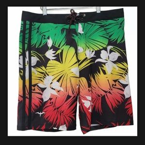 HURLEY Men's Phantom JJF Floral Green, Yellow, Red Board Shorts 32" Swim Trunks